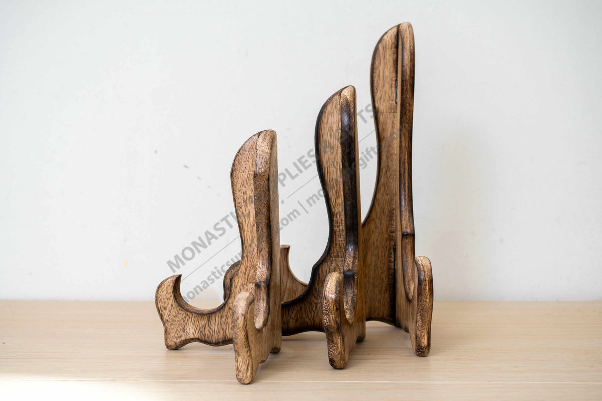Solid wooden display stands easels for icons and art in three sizes 9x16 10x20 and 12x26 cm
