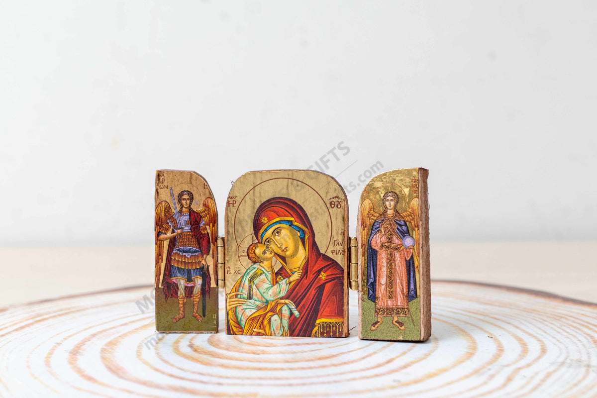 Pocket prayer triptych folding icon gold leaf wood Virgin Mary Sweet Kiss with Archangels Michael and Gabriel (5x7 cm / 2x2.8 in)