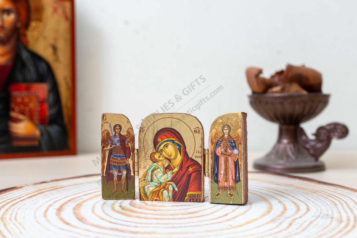 Pocket prayer triptych folding icon gold leaf wood Virgin Mary Sweet Kiss with Archangels Michael and Gabriel (5x7 cm / 2x2.8 in)