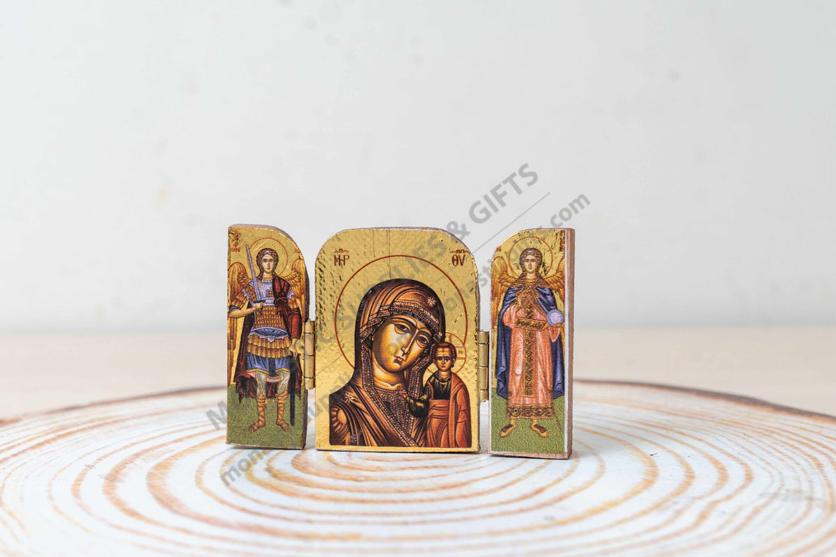 Pocket prayer triptych folding icon gold leaf wood Virgin Mary of Kazan with Archangels Michael and Gabriel (5x7 cm / 2x2.8 in)