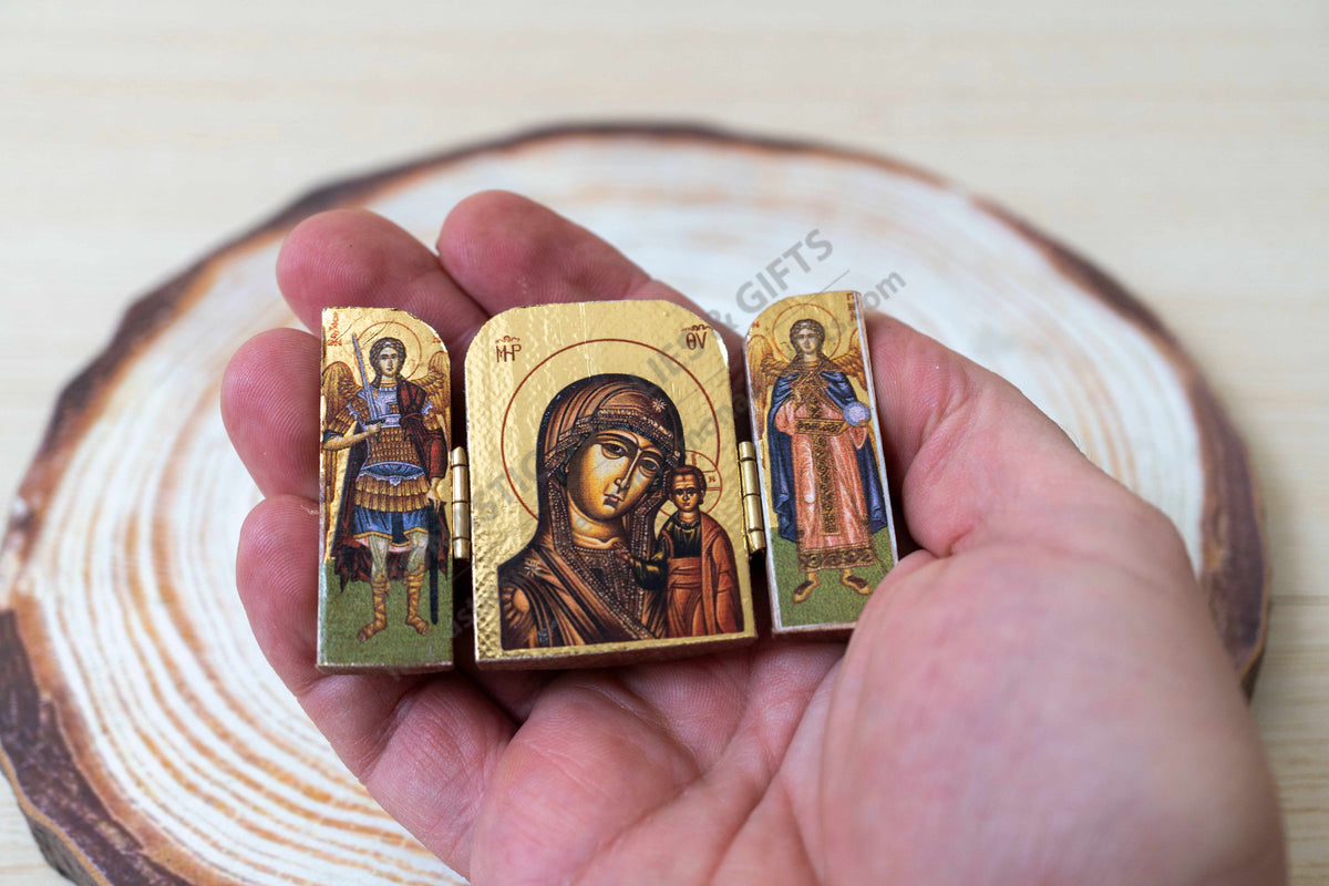 Pocket prayer triptych folding icon gold leaf wood Virgin Mary of Kazan with Archangels Michael and Gabriel (5x7 cm / 2x2.8 in)