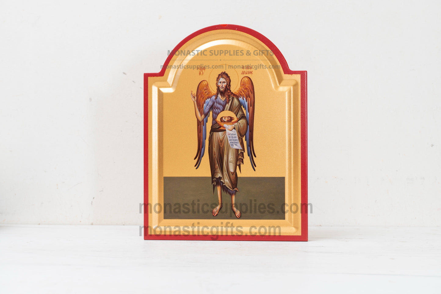 St. John the Baptist Angel of the Desert Arched Wooden Icon with Tabletop Base
