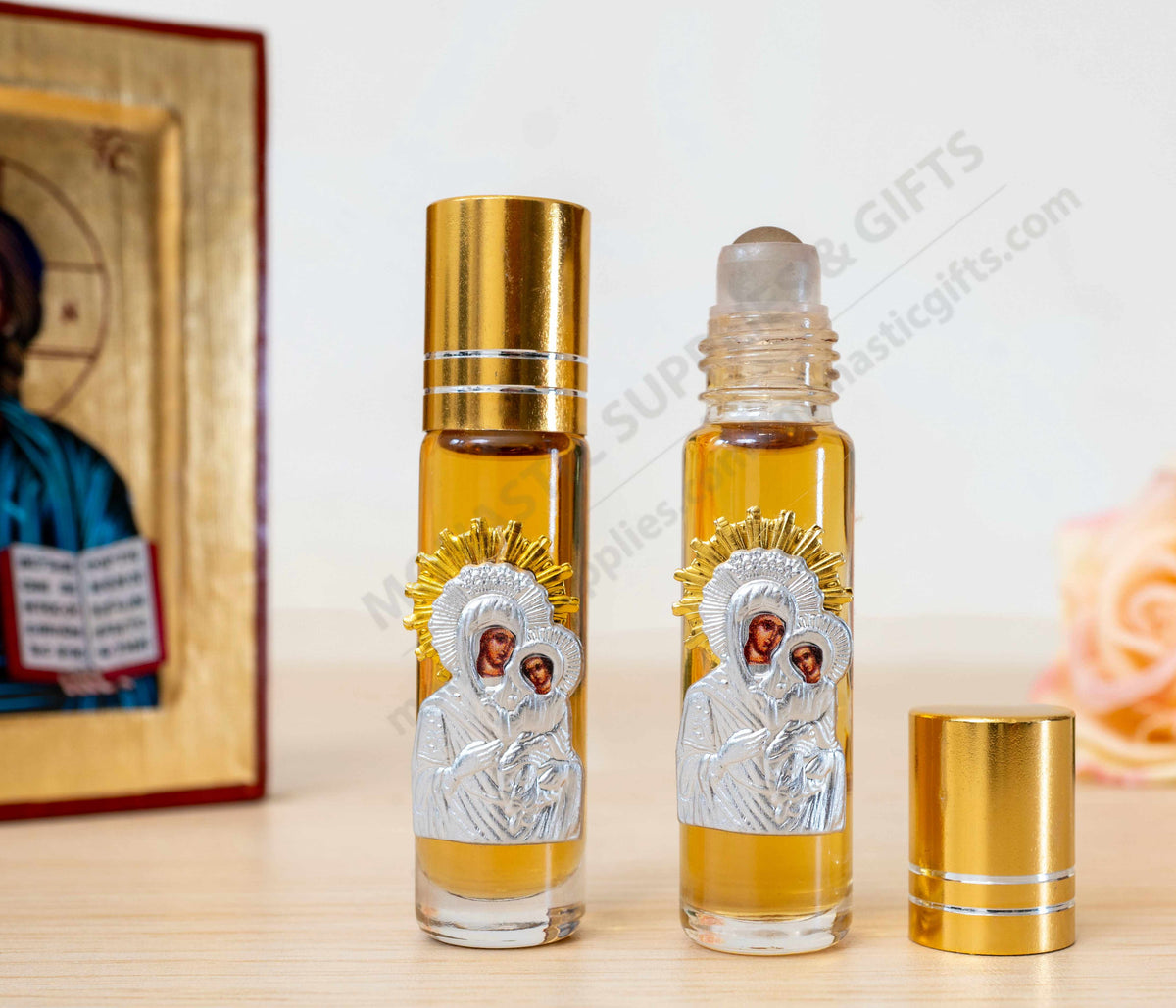 Tinos island anointing oil roll on handcrafted Virgin Mary metal icon with gold plated halo accent