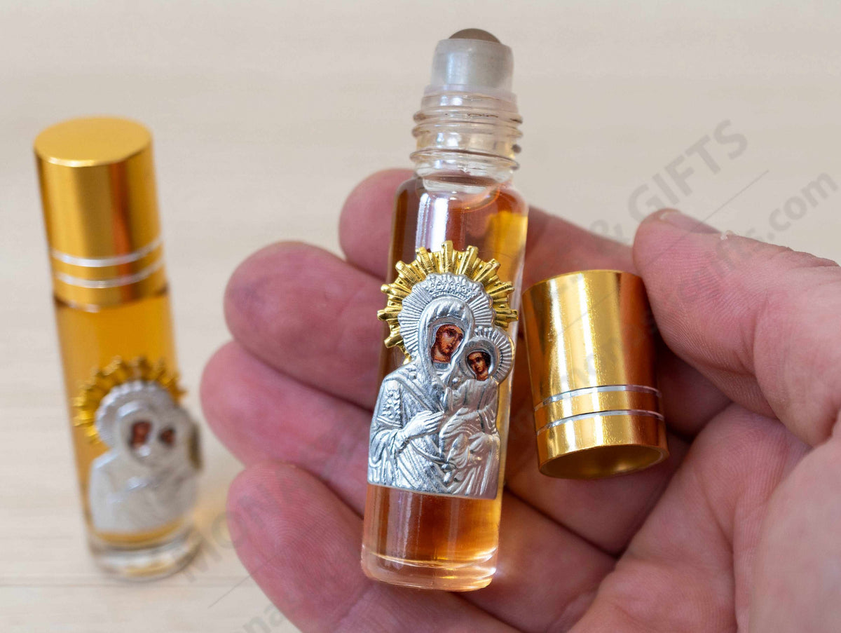 Tinos island anointing oil roll on handcrafted Virgin Mary metal icon with gold plated halo accent