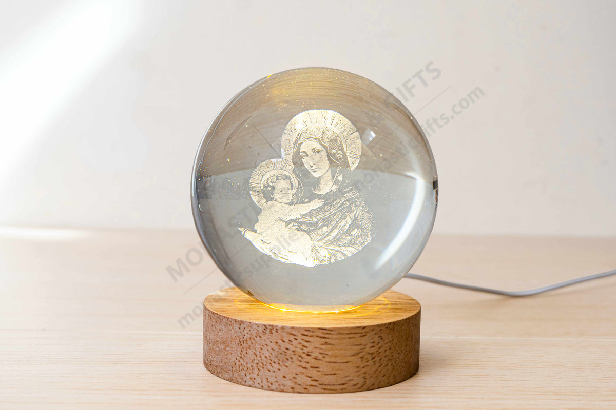 Virgin Mary and Baby Jesus crystal ball LED lamp with natural wooden base and USB cable
