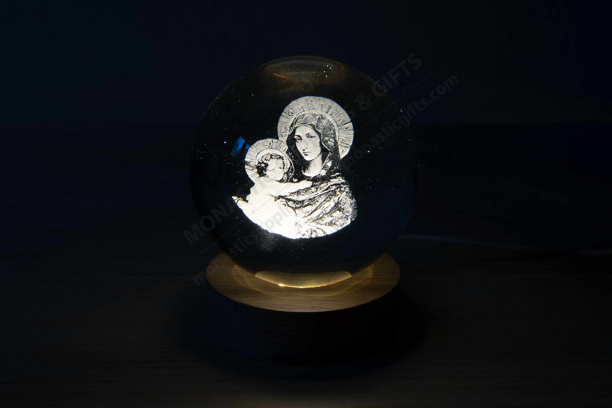 Virgin Mary and Baby Jesus crystal ball LED lamp with natural wooden base and USB cable