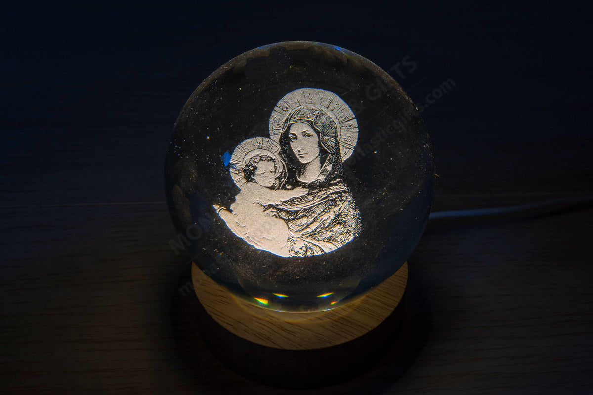Virgin Mary and Baby Jesus crystal ball LED lamp with natural wooden base and USB cable
