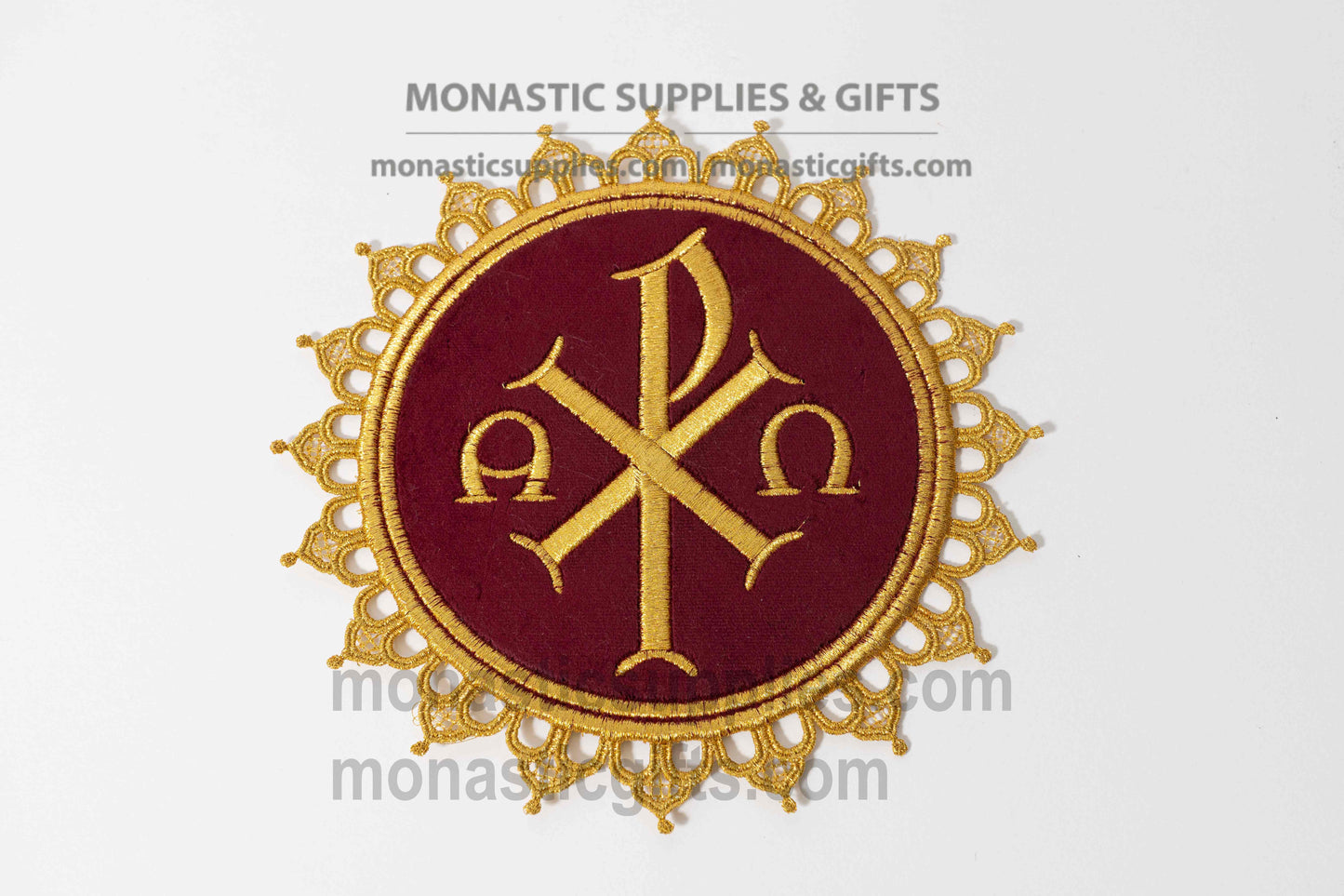 Handcrafted round burgundy velvet altar mat ripidion with gold embroidered Chi-Rho for censers and candlesticks made in Greece