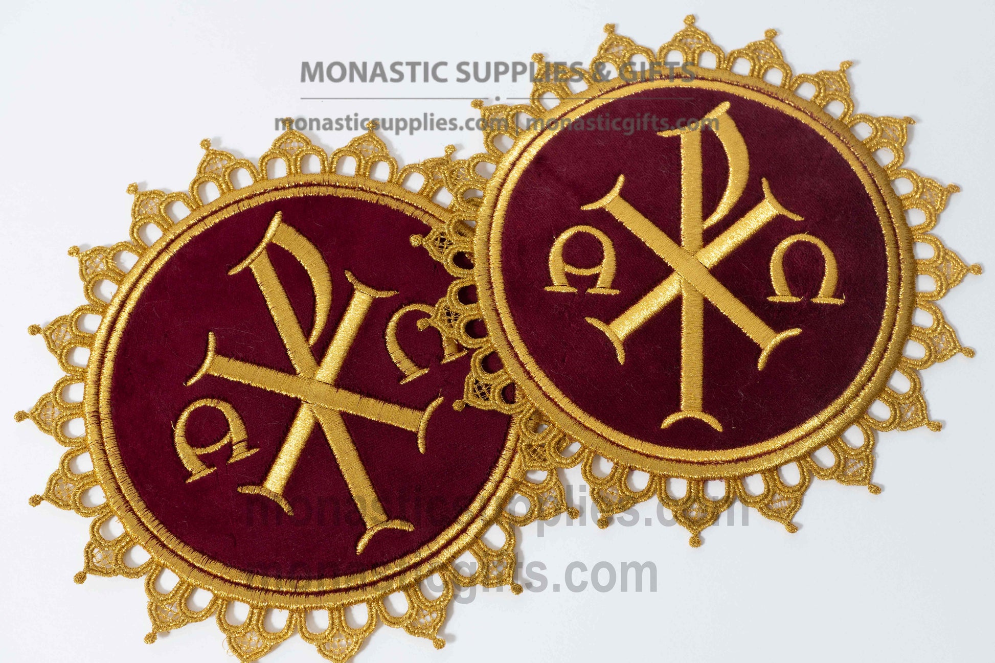 Handcrafted round burgundy velvet altar mat ripidion with gold embroidered Chi-Rho for censers and candlesticks made in Greece