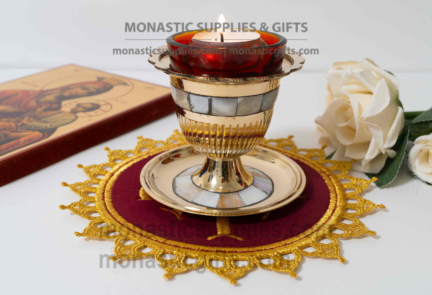 Round Burgundy Velvet Altar Mat (Ripidion) with Gold Embroidered Chi-Rho (16 cm)