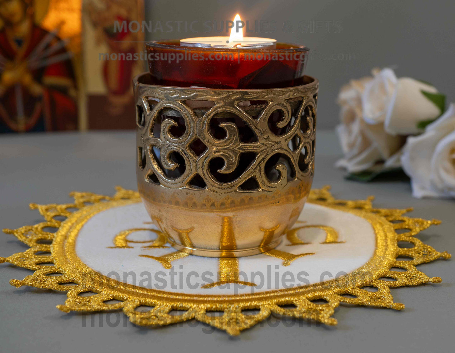 Handcrafted round white velvet altar mat ripidion with gold embroidered Chi-Rho and lace trim for censers and candlesticks made in Greece
