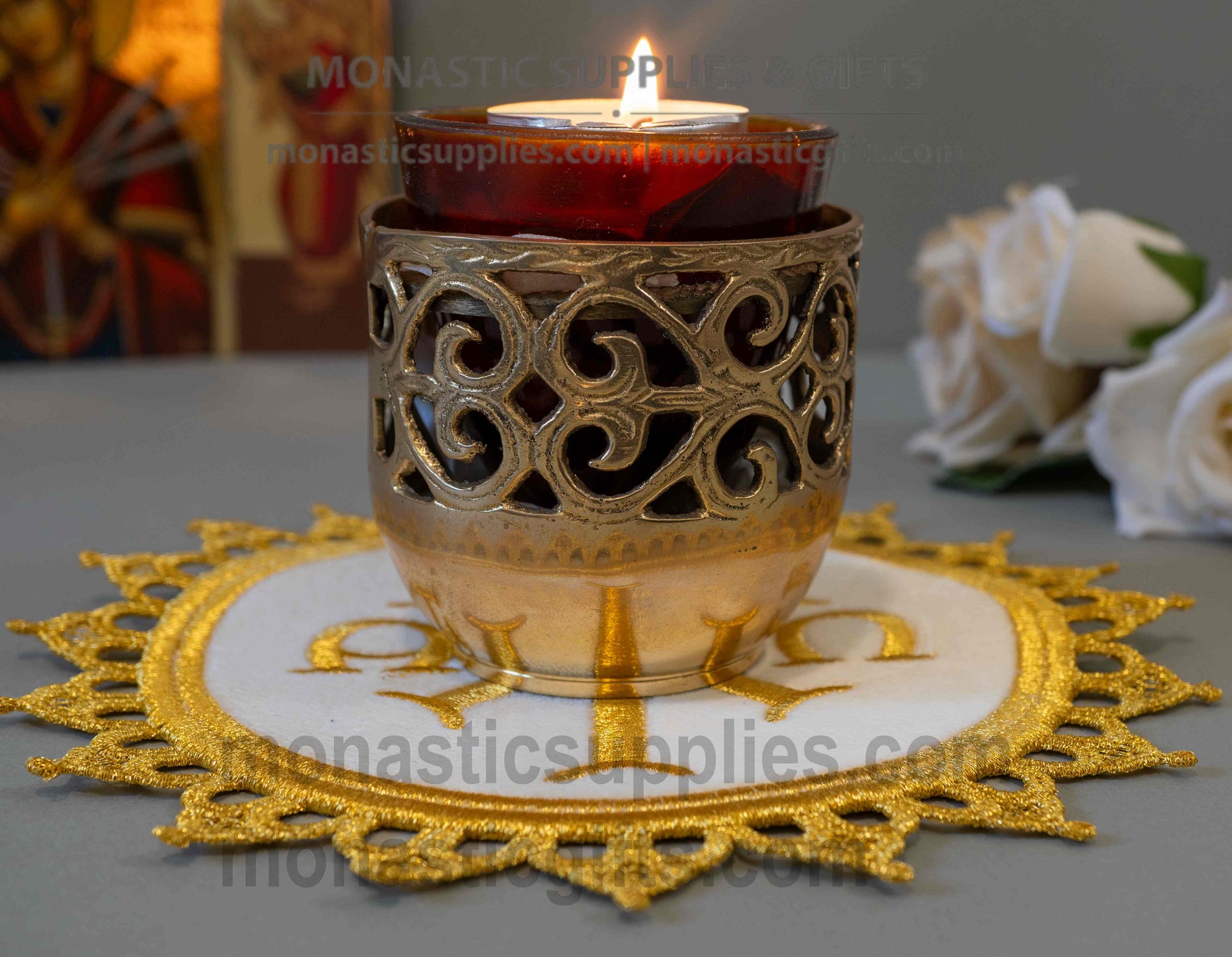 Handcrafted round white velvet altar mat ripidion with gold embroidered Chi-Rho and lace trim for censers and candlesticks made in Greece