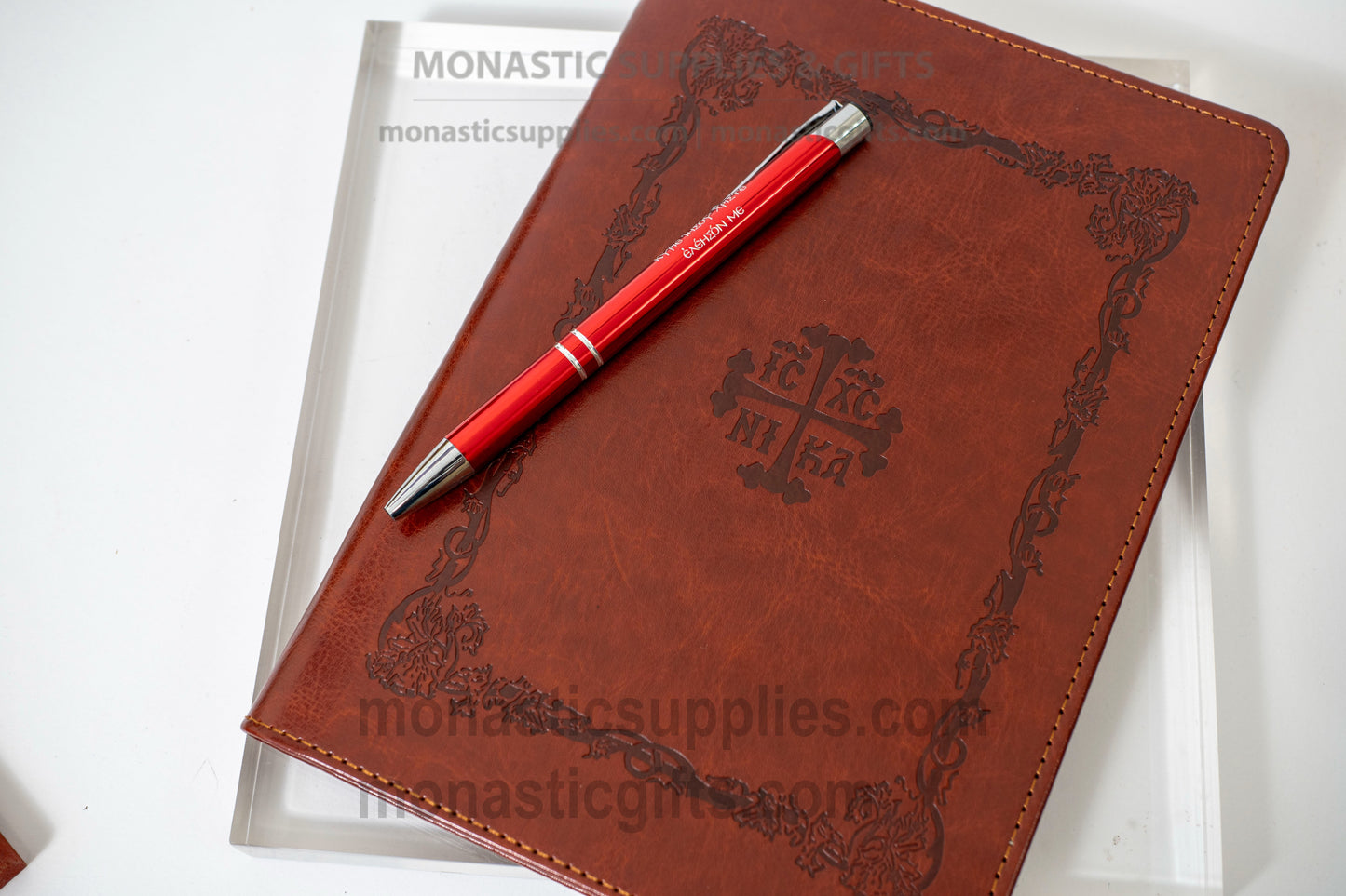 Orthodox Brown Leather Notebook with Prayer Pen — Embossed Cover, Elastic Band Closure, Bookmark & Hidden Pocket