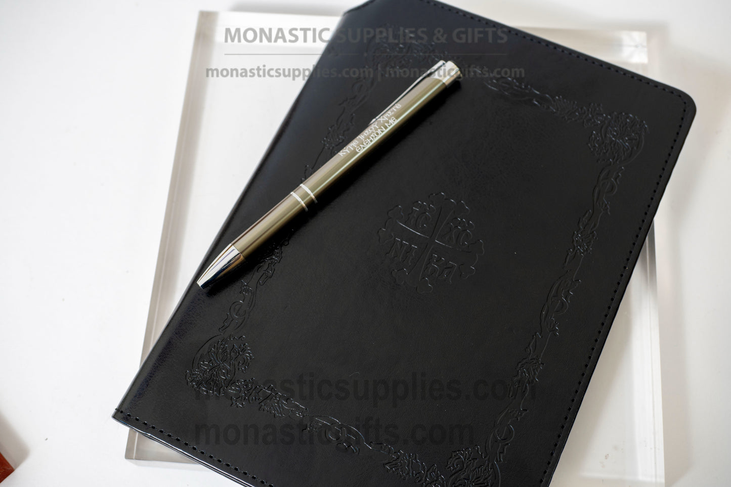 Orthodox Leather Notebook with Prayer Pen — Embossed Cover, Elastic Band Closure, Bookmark & Hidden Pocket