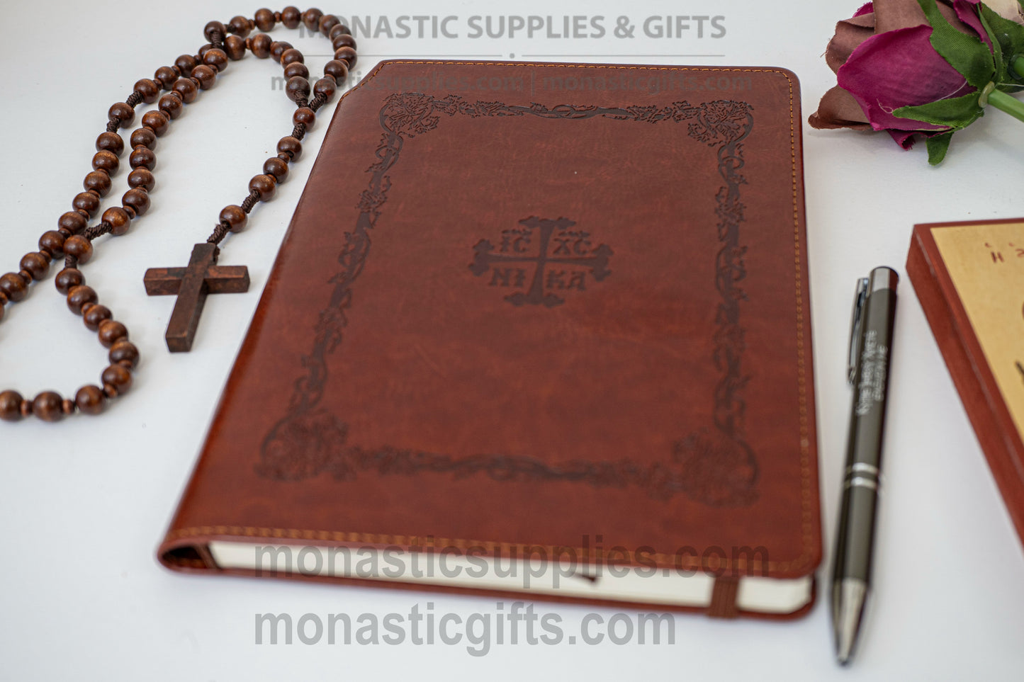 Orthodox Brown Leather Notebook with Prayer Pen — Embossed Cover, Elastic Band Closure, Bookmark & Hidden Pocket