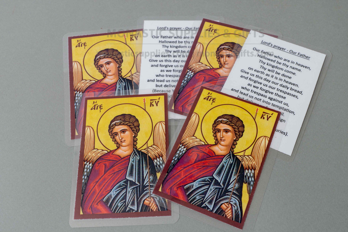 Archangel Michael Byzantine icon pocket cards set of 10 with The Lords prayer on back handmade laminated made in Greece