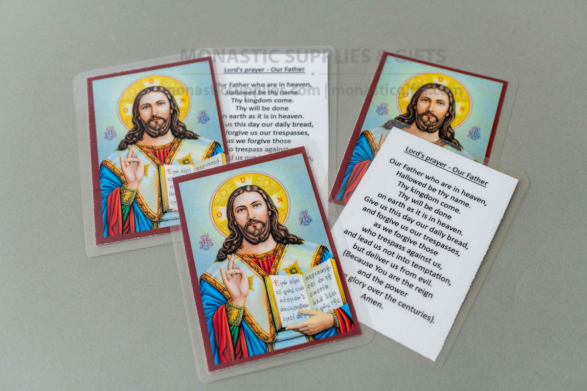Jesus Christ laminated holy prayer cards set of 10 with The Lords prayer in English Greek or mixed pack made in Greece