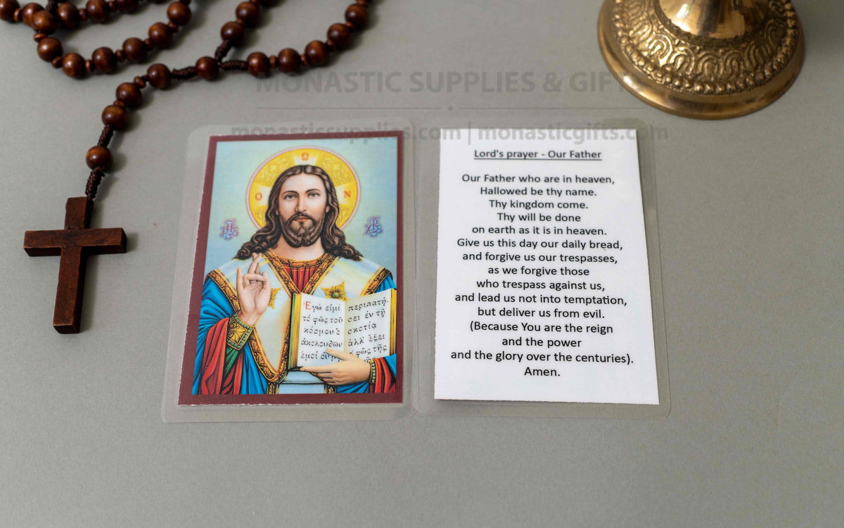Jesus Christ laminated holy prayer cards set of 10 with The Lords prayer in English Greek or mixed pack made in Greece