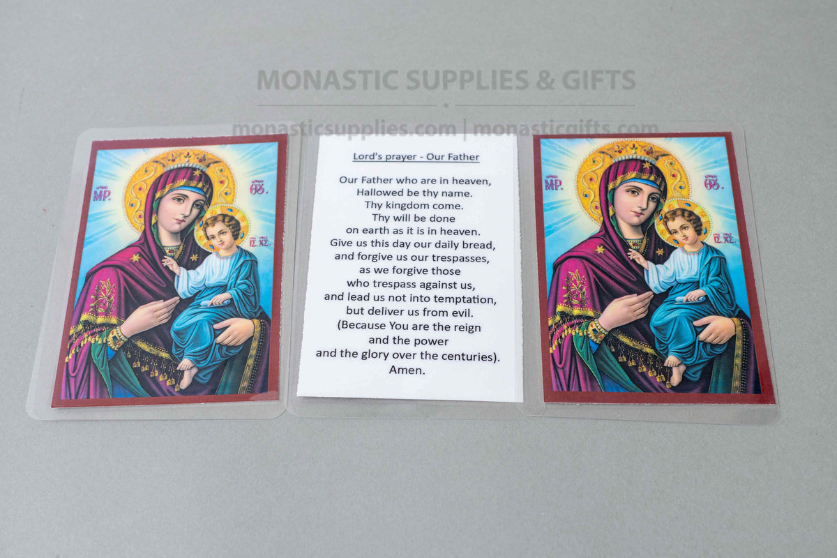 Virgin Mary Theotokos Laminated Holy Cards 10 Pack - English, Greek, or Mixed