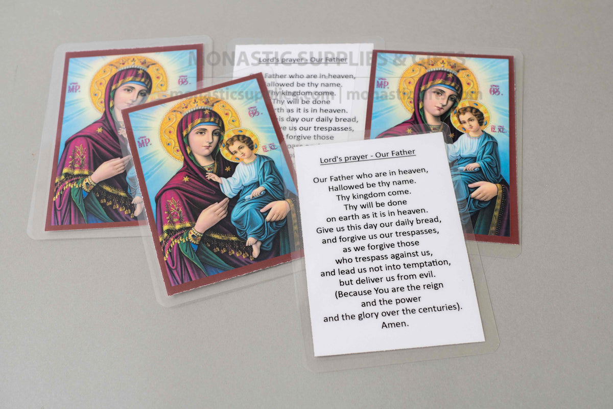 Virgin Mary Theotokos Laminated Holy Cards 10 Pack - English, Greek, or Mixed