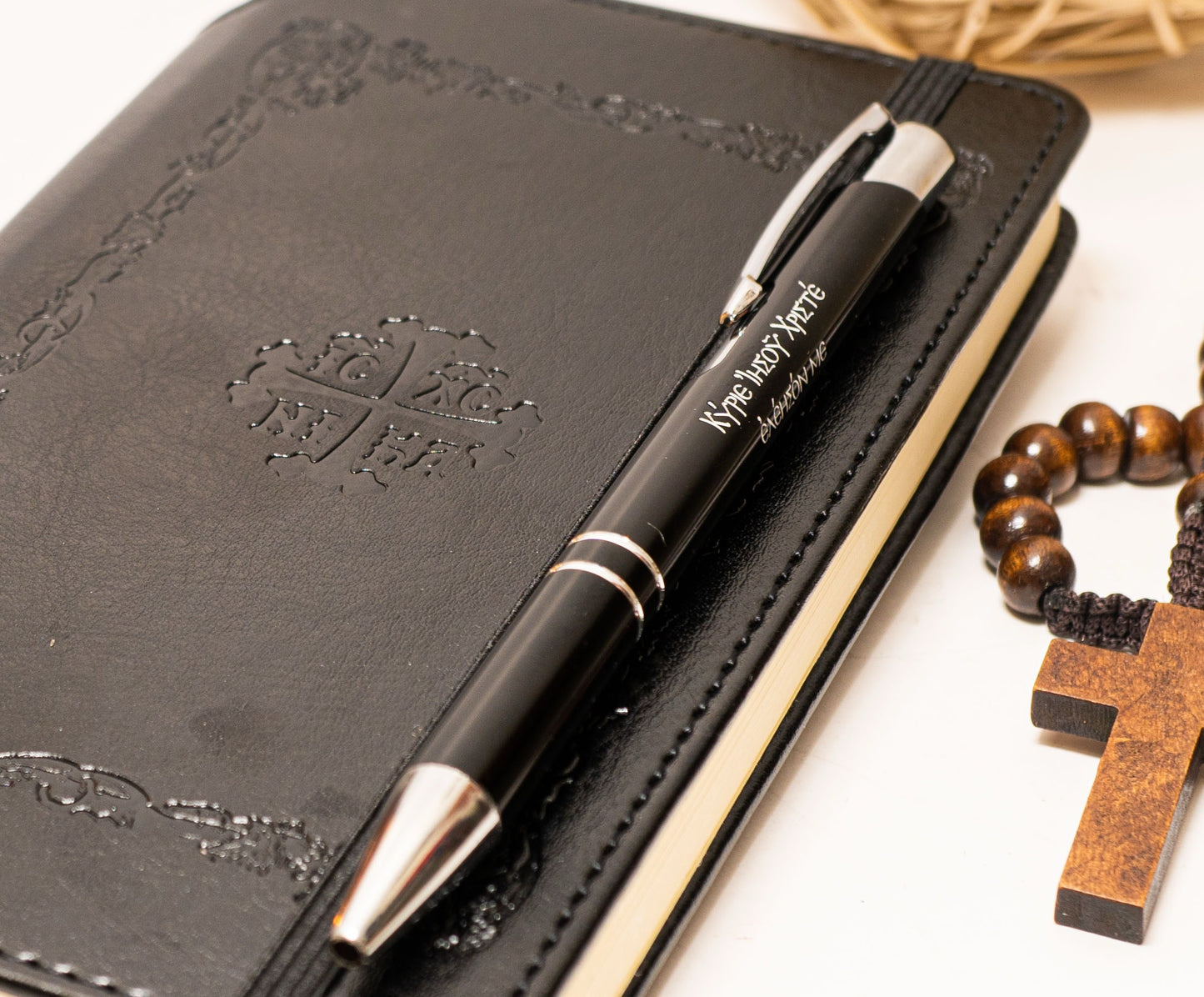 Orthodox Leather Notebook with Prayer Pen — Embossed Cover, Elastic Band Closure, Bookmark & Hidden Pocket