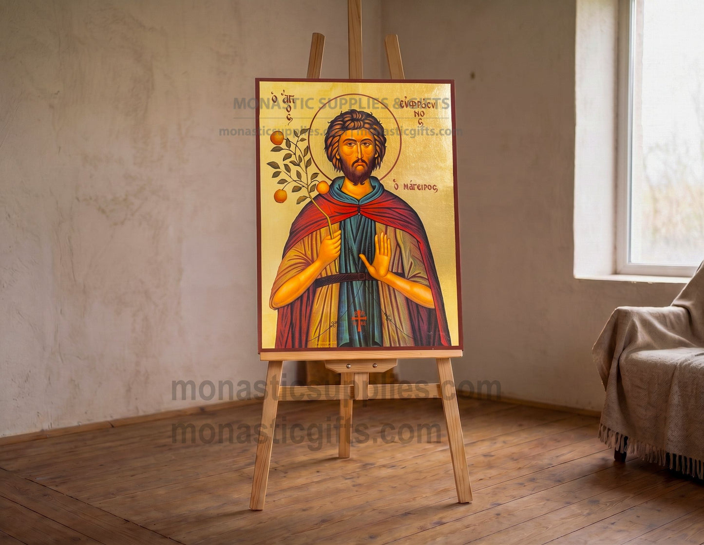 Handmade Saint Euphrosynus the Cook Byzantine icon on genuine gold leaf and wood measuring 30x40cm (12x16in) with hand-finished details.
