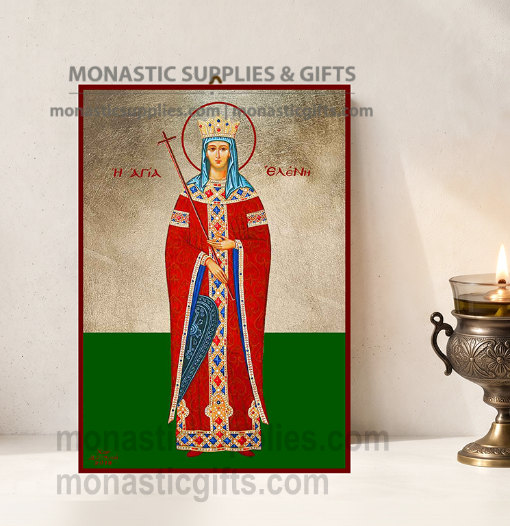 Handcrafted Orthodox gold leaf canvas icon of Saint Helen Equal to the Apostles holding the True Cross on solid wooden panel