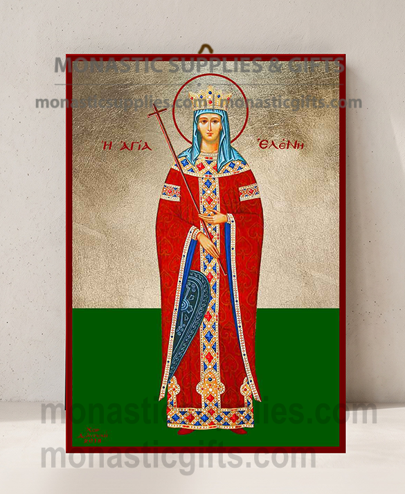 Handcrafted Orthodox gold leaf canvas icon of Saint Helen Equal to the Apostles holding the True Cross on solid wooden panel