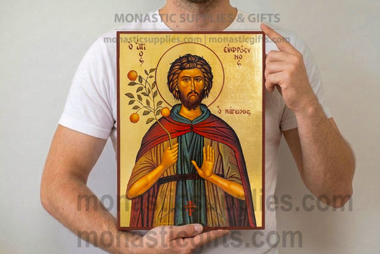 Handmade Saint Euphrosynus the Cook Byzantine icon on genuine gold leaf and wood measuring 30x40cm (12x16in) with hand-finished details.