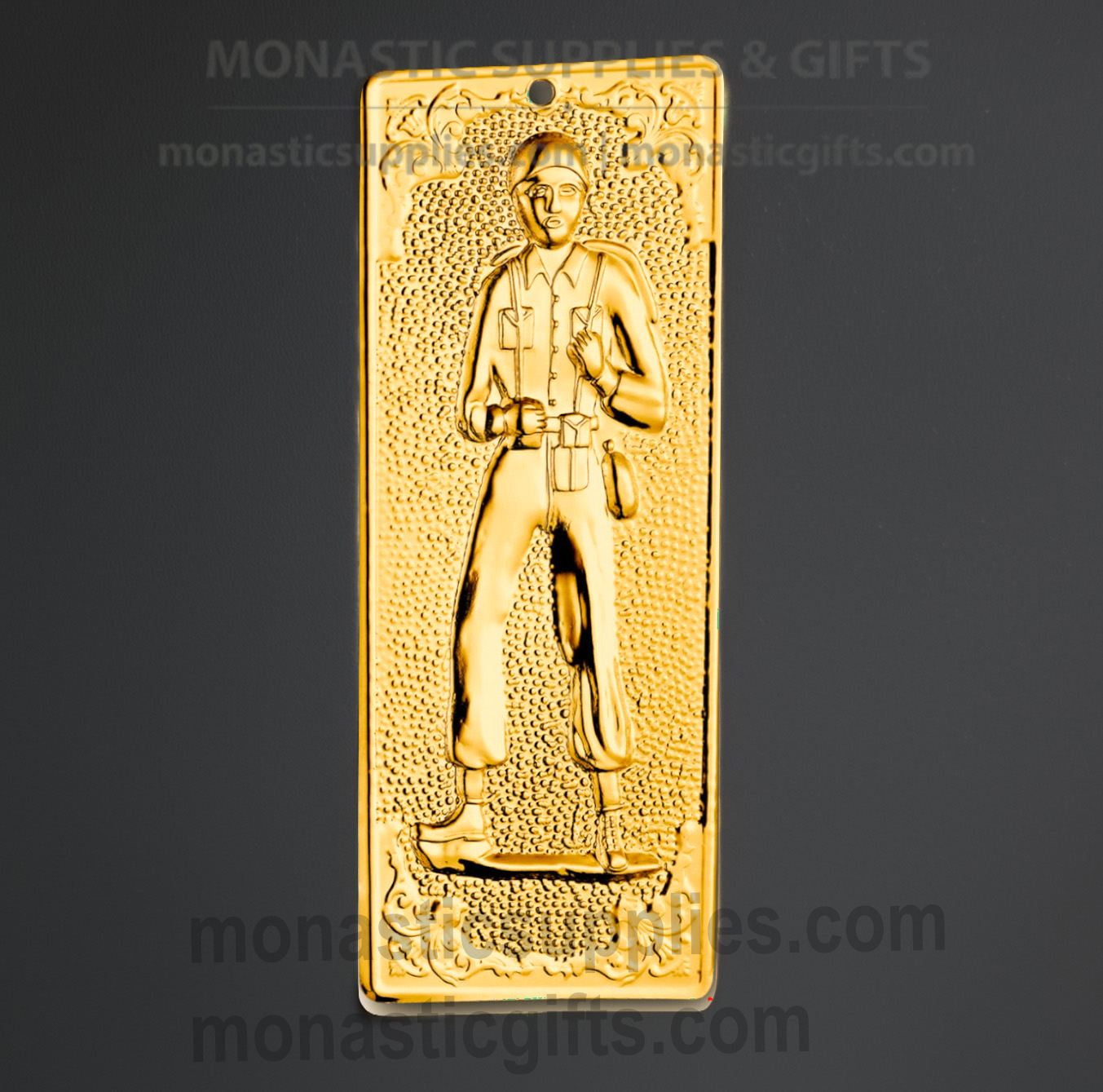 Authentic long gold-toned Greek Orthodox soldier tamata ex-voto metal plaque measuring 4.5cm (1.77in) width and 12cm (4.72in) length for military protection.