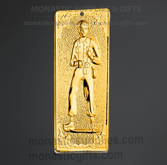 Authentic long gold-toned Greek Orthodox soldier tamata ex-voto metal plaque measuring 4.5cm (1.77in) width and 12cm (4.72in) length for military protection.