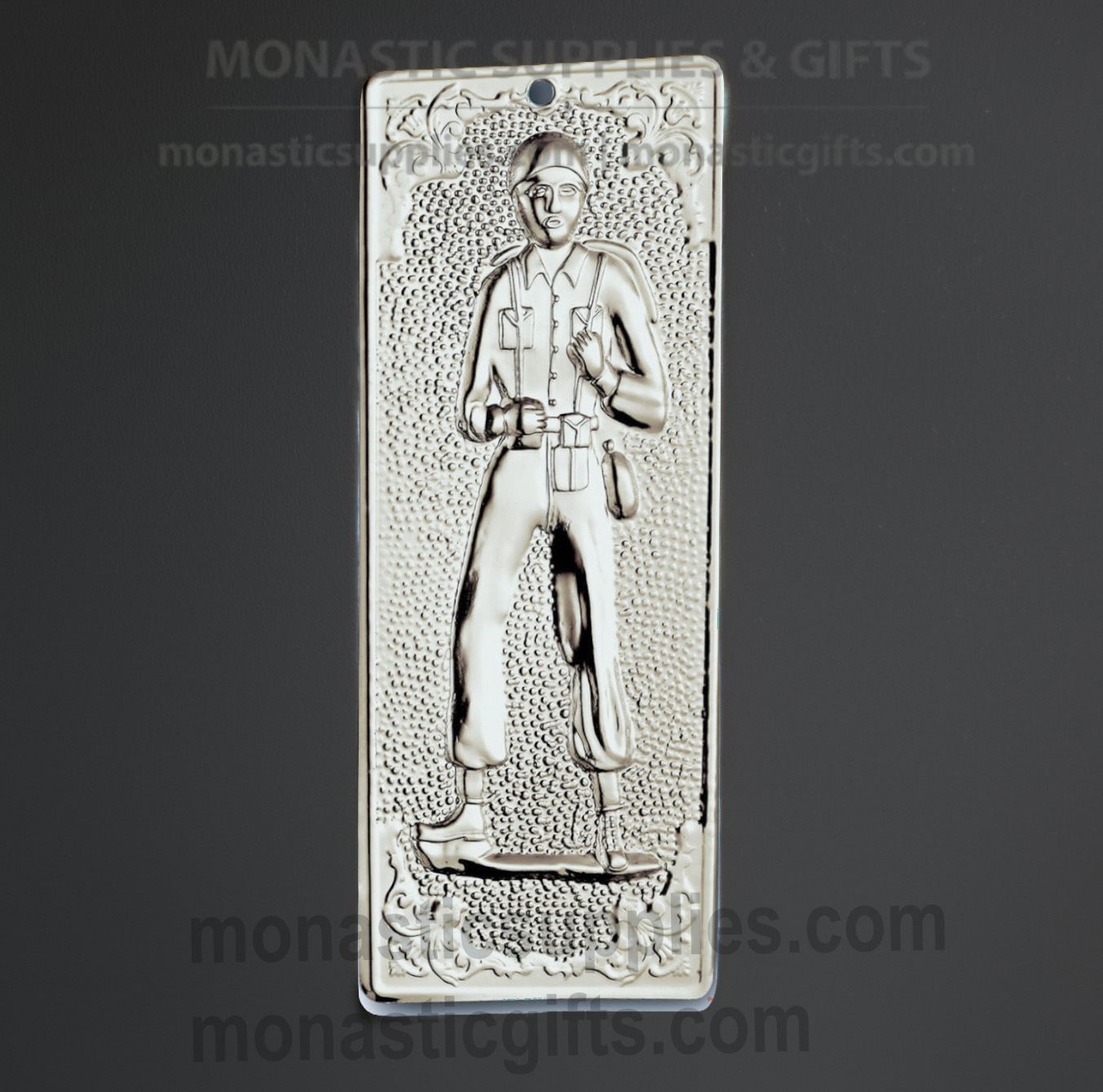 Authentic long silver-toned Greek Orthodox soldier tamata ex-voto metal plaque measuring 4.5cm (1.77in) width and 12cm (4.72in) length for military protection.