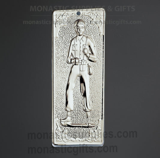 Authentic long silver-toned Greek Orthodox soldier tamata ex-voto metal plaque measuring 4.5cm (1.77in) width and 12cm (4.72in) length for military protection.