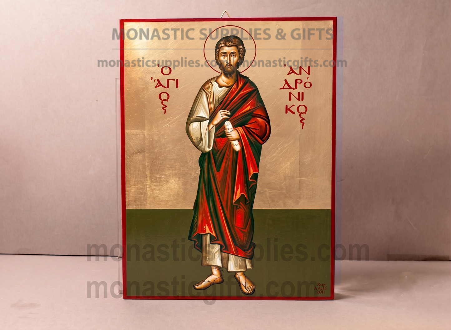 Handcrafted Orthodox gold leaf canvas icon of Saint Andronikos on solid wooden panel with tabletop stand
