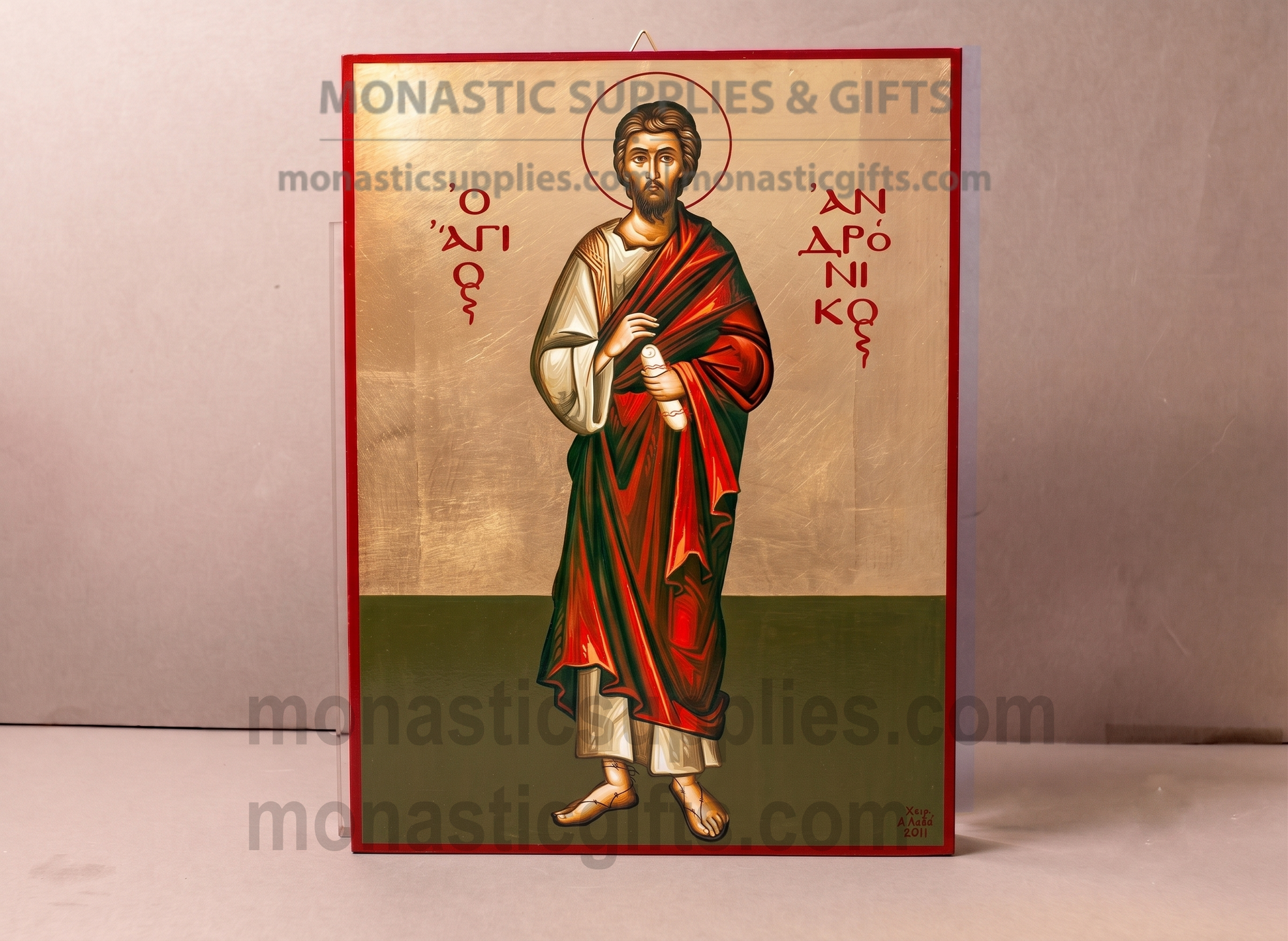 Handcrafted Orthodox gold leaf canvas icon of Saint Andronikos on solid wooden panel with tabletop stand