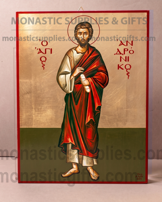 Handcrafted Orthodox gold leaf canvas icon of Saint Andronikos on solid wooden panel with tabletop stand