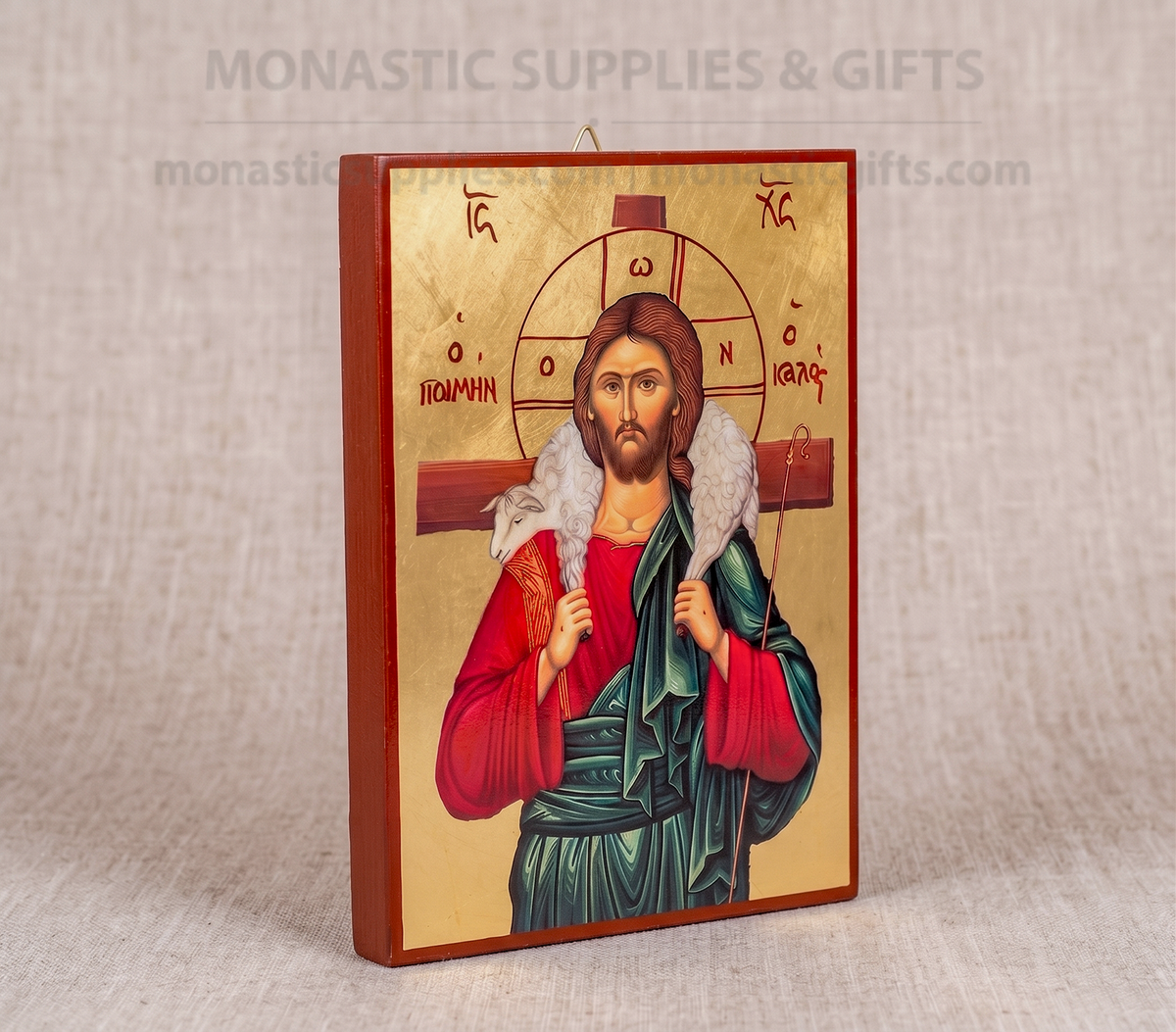 Jesus Christ the Good Shepherd handcrafted Byzantine Orthodox icon with gold leaf finish on wooden plaque made in Greece