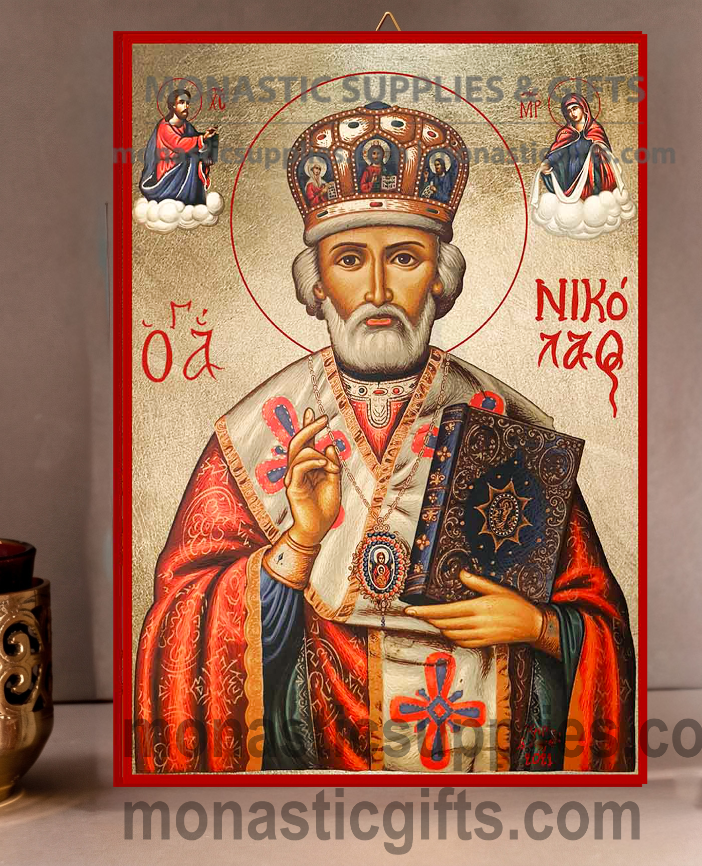 Handcrafted Orthodox gold leaf canvas icon of Saint Nicholas with crown patron of sailors and travelers on solid wooden panel