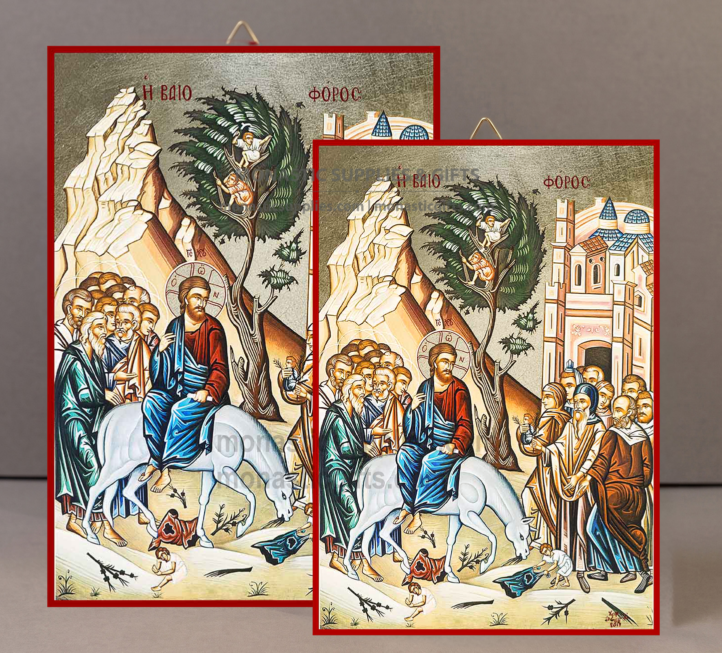Handcrafted Orthodox gold leaf canvas icon of The Entry into Jerusalem Palm Sunday Vaioforos on solid wooden panel