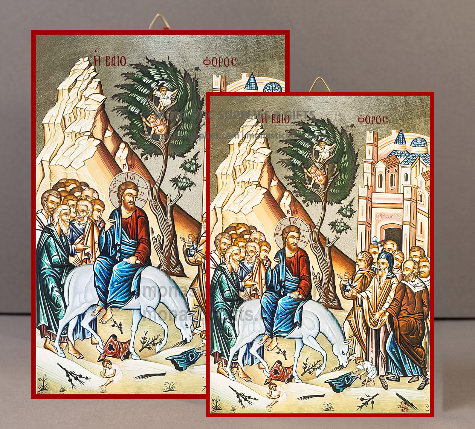 Handcrafted Orthodox gold leaf canvas icon of The Entry into Jerusalem Palm Sunday Vaioforos on solid wooden panel