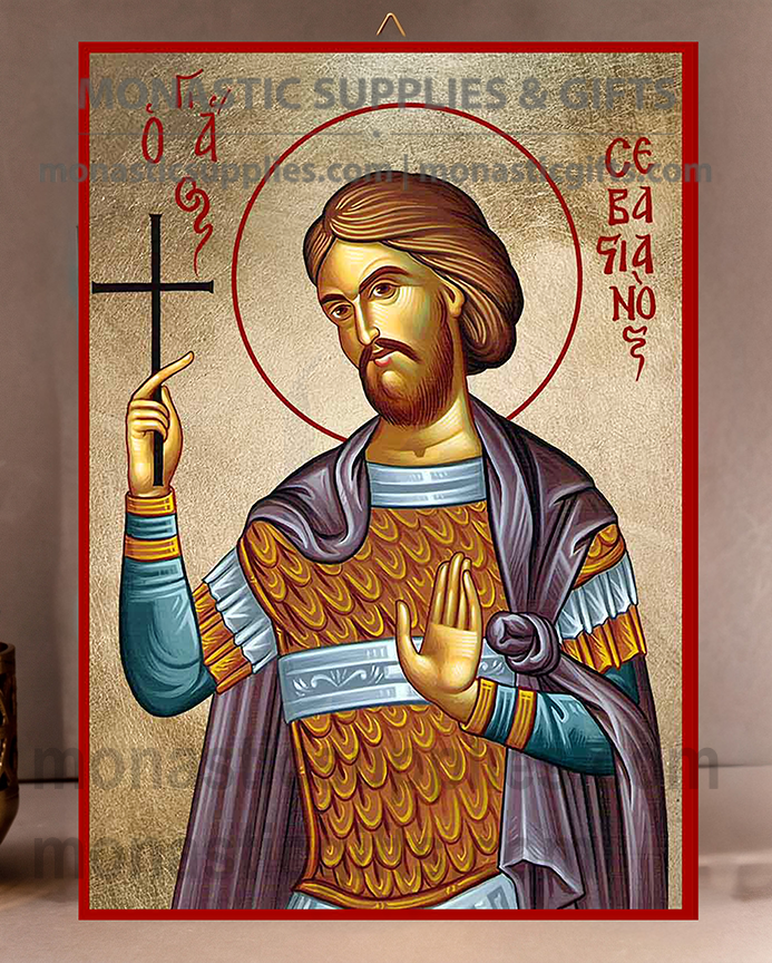 Handcrafted Orthodox gold leaf canvas icon of Saint Sebastian the Martyr patron of athletes and soldiers on solid wooden panel
