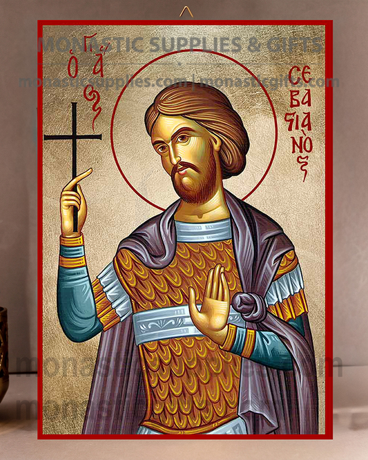 Handcrafted Orthodox gold leaf canvas icon of Saint Sebastian the Martyr patron of athletes and soldiers on solid wooden panel