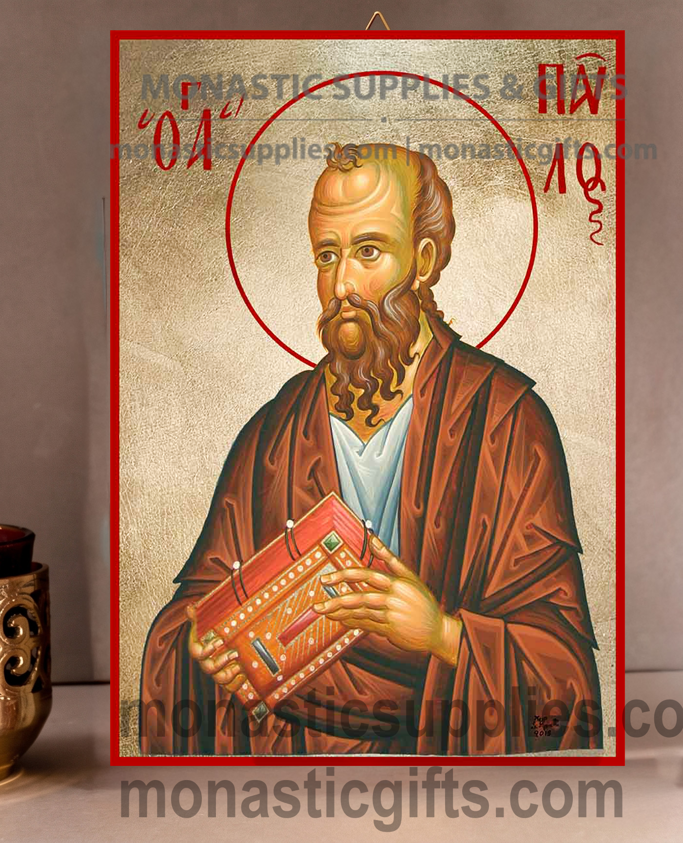 Handcrafted Orthodox gold leaf canvas icon of Saint Paul the Apostle patron of missionaries and writers on solid wooden panel