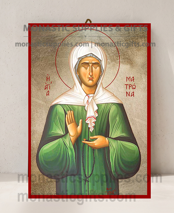 Handcrafted Orthodox gold leaf canvas icon of Saint Matrona of Moscow the Wonderworker on solid wooden panel