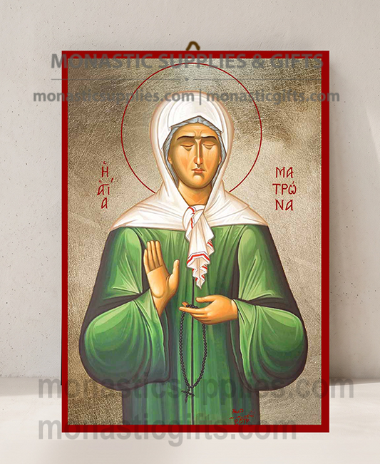 Handcrafted Orthodox gold leaf canvas icon of Saint Matrona of Moscow the Wonderworker on solid wooden panel