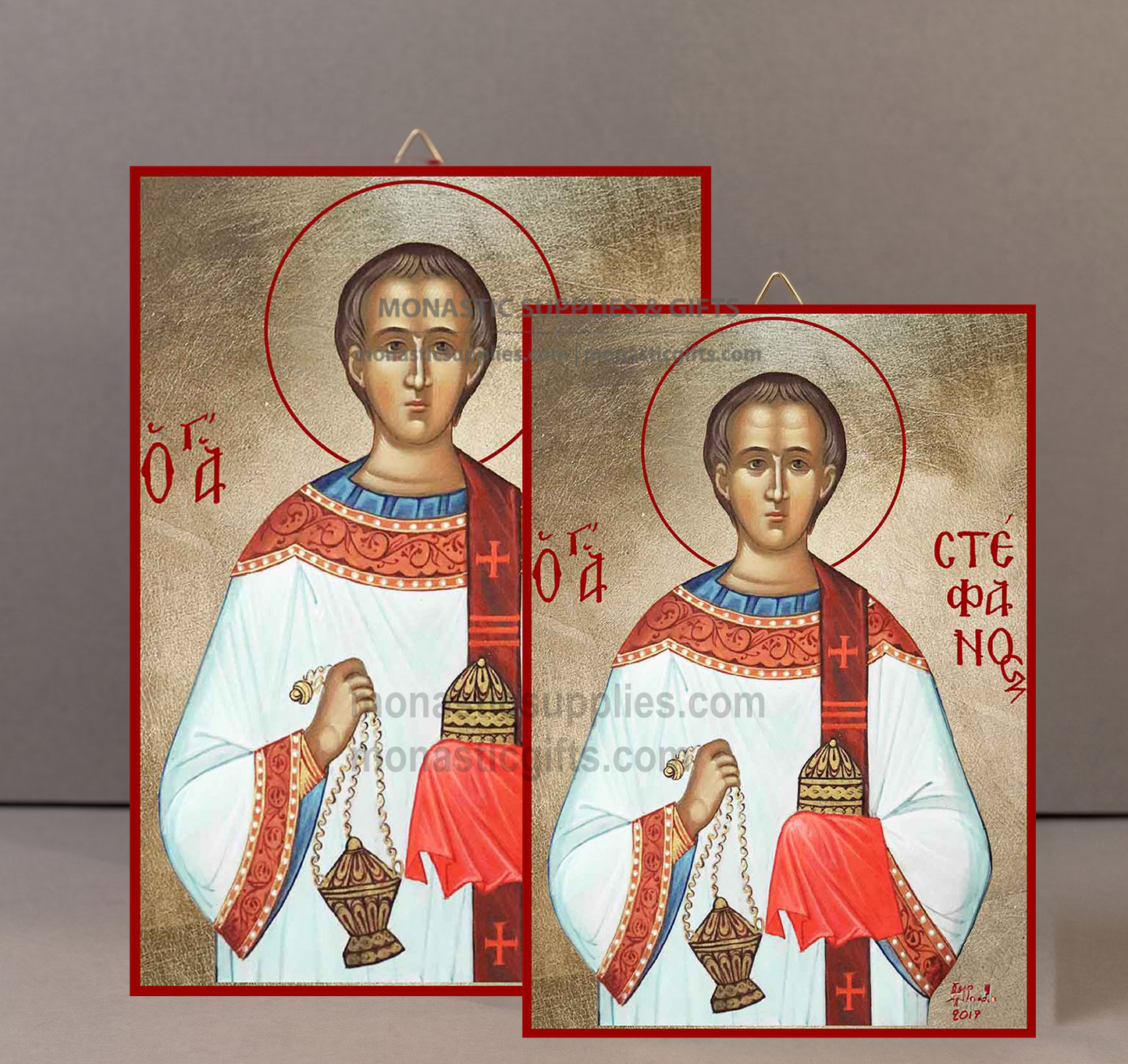 Handcrafted Orthodox gold leaf canvas icon of Saint Stephen the Protomartyr and Archdeacon on solid wooden panel