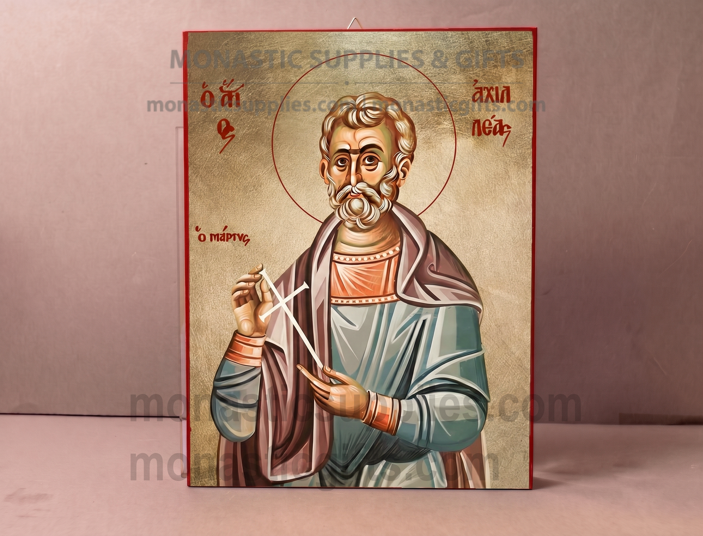 Handcrafted Orthodox gold leaf canvas icon of Saint Achillios of Larissa on solid wooden panel