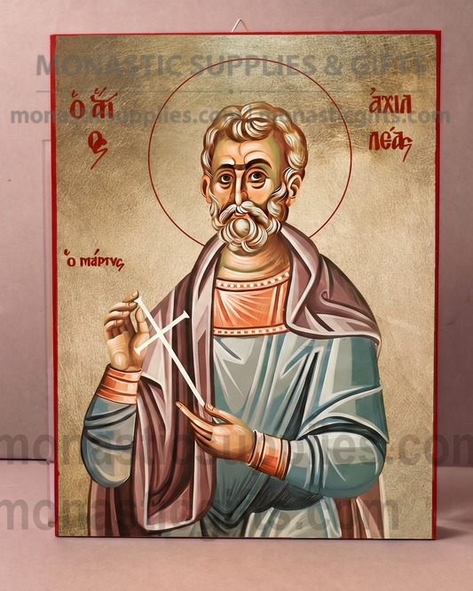 Handcrafted Orthodox gold leaf canvas icon of Saint Achillios of Larissa on solid wooden panel