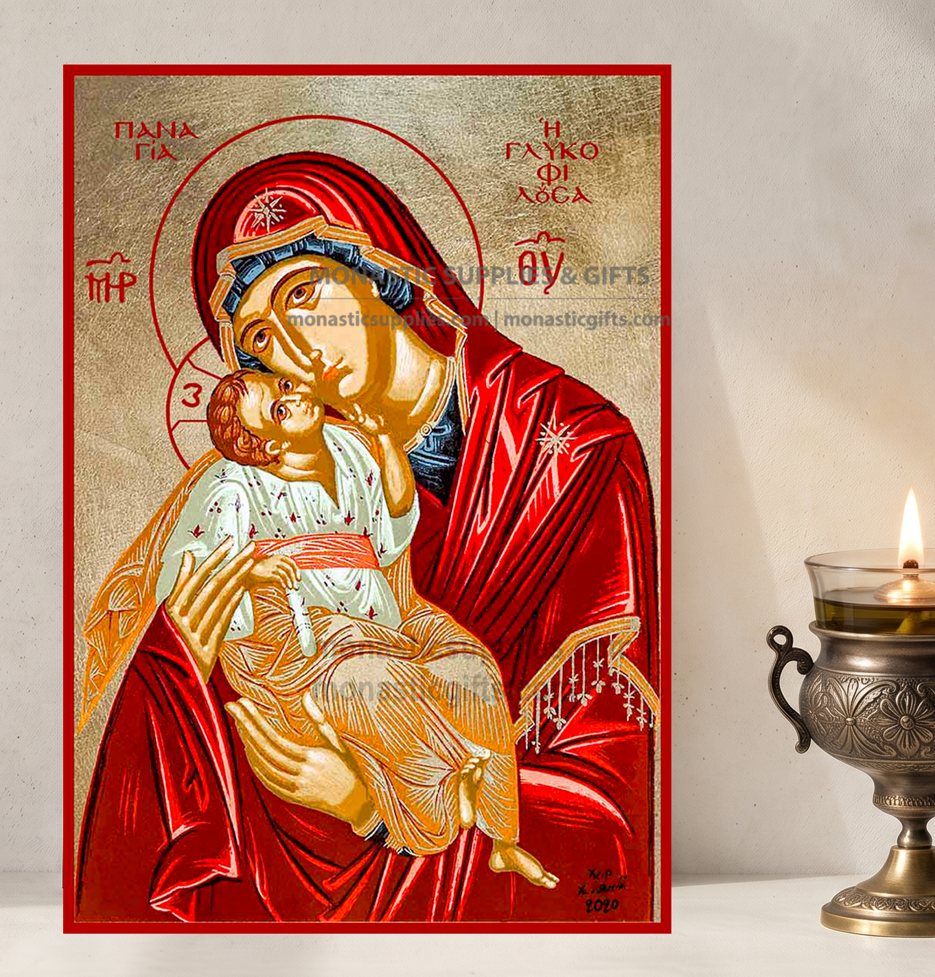 Handcrafted Orthodox gold leaf canvas icon of the Virgin Mary Sweet Kissing Theotokos Glykophilousa on solid wooden panel