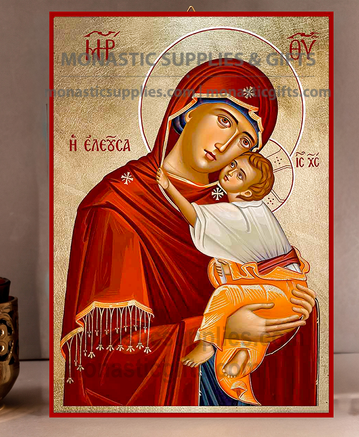 Handcrafted Orthodox gold leaf canvas icon of the Virgin Mary of Tenderness Theotokos Eleousa on solid wooden panel